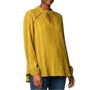 Flowers of Romance Blouse Mustard yellow Keyhole Boho Feminine Womens XS